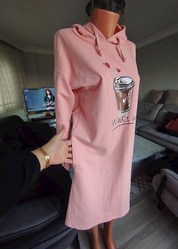 Pembe Kapüşonlu Uzun Sweatshirt - Görsel 5