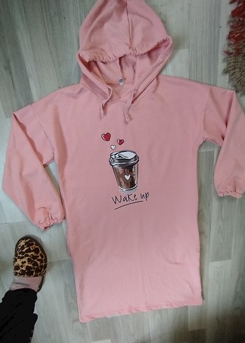 Pembe Kapüşonlu Uzun Sweatshirt - Görsel 9
