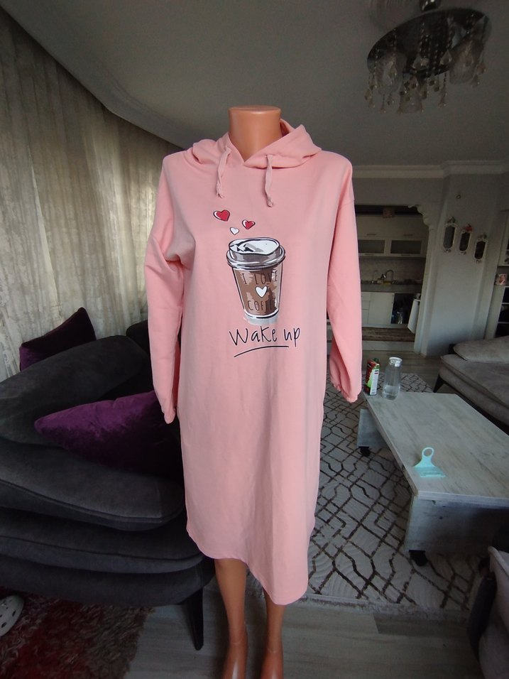 Pembe Kapüşonlu Uzun Sweatshirt - Görsel 2