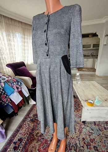 Düğmeli Gri Uzun Kadın Elbise - Görsel 2