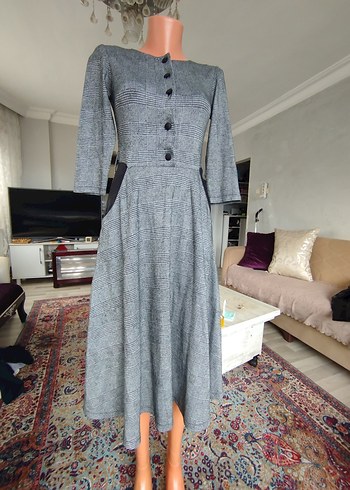 Düğmeli Gri Uzun Kadın Elbise - Görsel 4