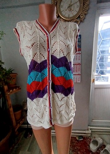 Bohem Çok Renkli Kısa Örgü Kadın Yelek - Görsel 7