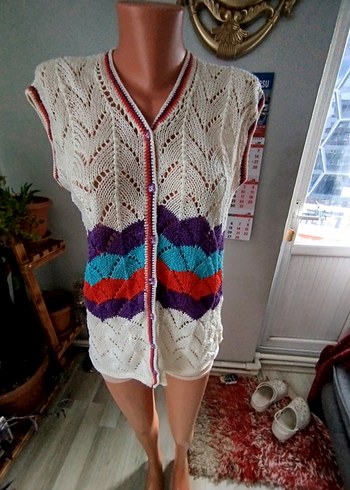 Bohem Çok Renkli Kısa Örgü Kadın Yelek - Görsel 3