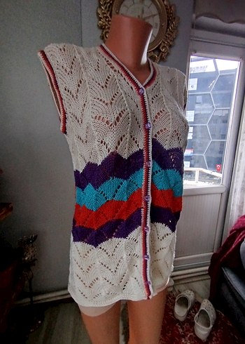 Bohem Çok Renkli Kısa Örgü Kadın Yelek - Görsel 2