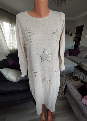 Gri Uzun Triko Elbise Yıldız İşlemeli - Görsel 3