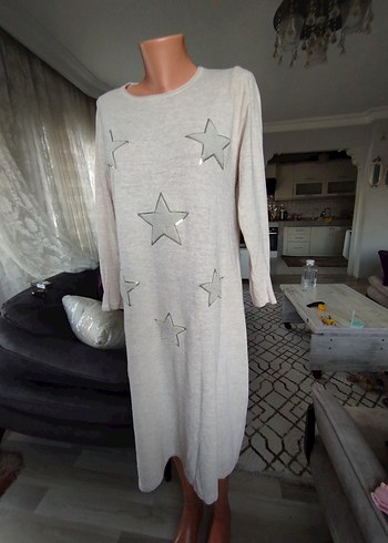 Gri Uzun Triko Elbise Yıldız İşlemeli - Görsel 7