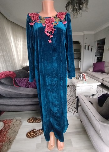 Nakışlı Turkuaz Kadın Uzun Elbise - Görsel 4