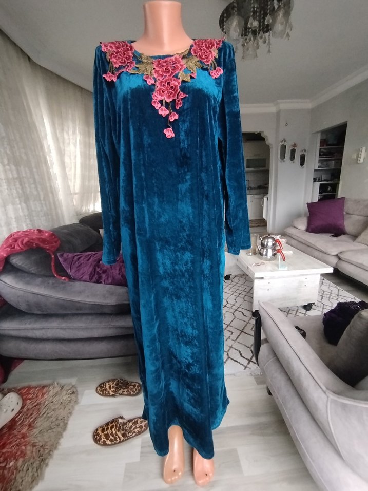 Nakışlı Turkuaz Kadın Uzun Elbise - Görsel 4