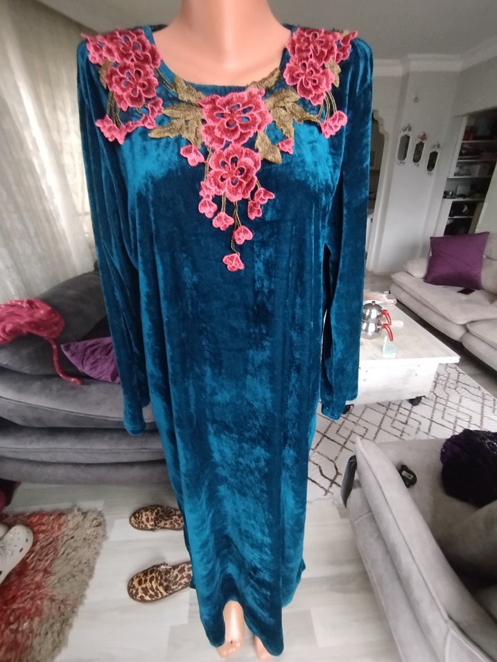 Nakışlı Turkuaz Kadın Uzun Elbise - Görsel 5