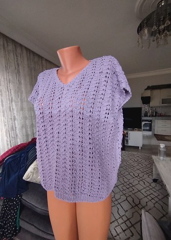 Bohem V Yaka Kısa Kollu Örgü Mor Kazak - Görsel 5