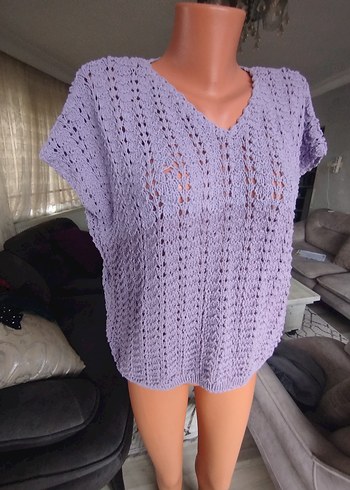 Bohem V Yaka Kısa Kollu Örgü Mor Kazak - Görsel 3