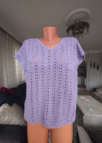 Bohem V Yaka Kısa Kollu Örgü Mor Kazak - Görsel 4