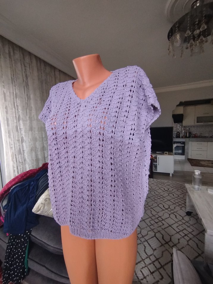 Bohem V Yaka Kısa Kollu Örgü Mor Kazak - Görsel 5