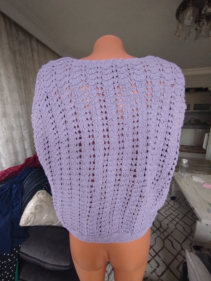 Bohem V Yaka Kısa Kollu Örgü Mor Kazak - Görsel 2