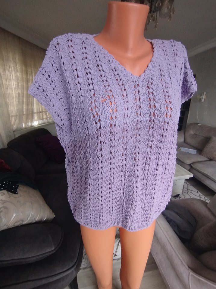 Bohem V Yaka Kısa Kollu Örgü Mor Kazak - Görsel 3