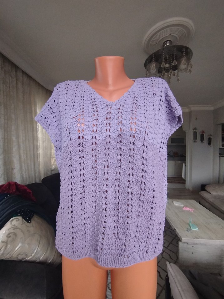 Bohem V Yaka Kısa Kollu Örgü Mor Kazak - Görsel 4
