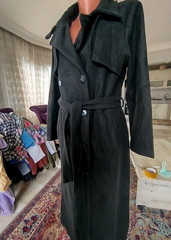 Kemerli Uzun Gri Süet Kadın Kaban - Görsel 7