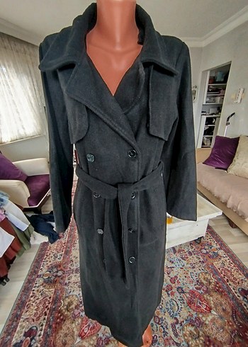 Kemerli Uzun Gri Süet Kadın Kaban - Görsel 8