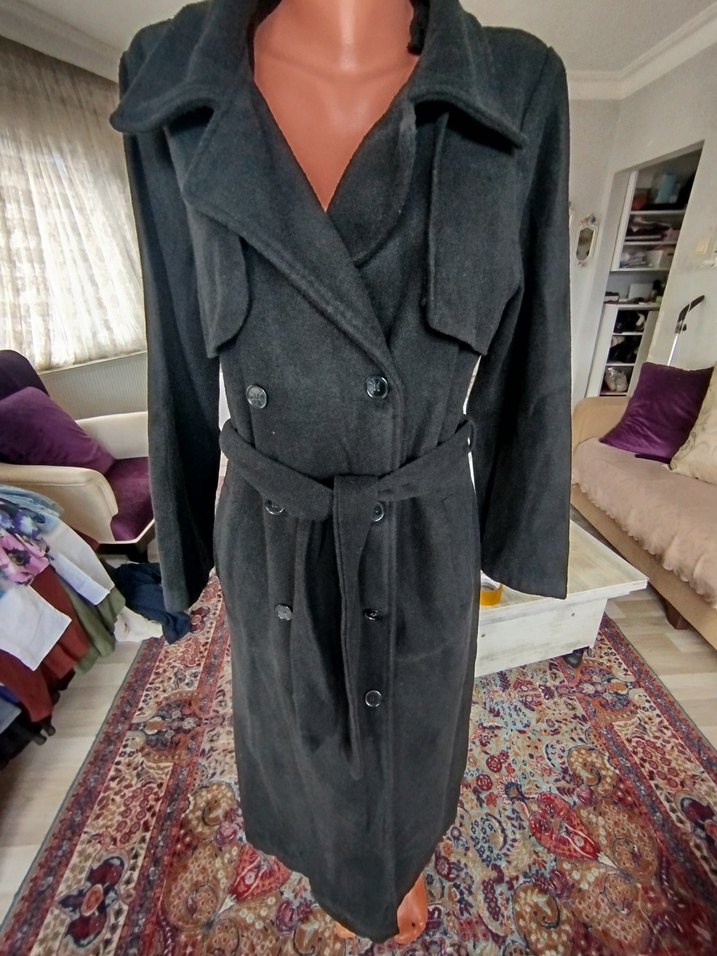 Kemerli Uzun Gri Süet Kadın Kaban - Görsel 2