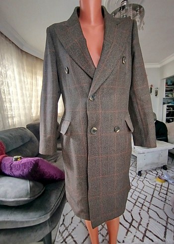 Uzun Kahverengi Düğmeli Erkek Kaban - Görsel 2