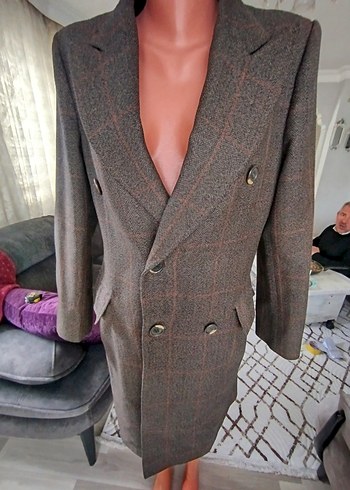 Uzun Kahverengi Düğmeli Erkek Kaban - Görsel 5