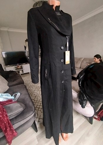 Düğmeli Siyah Deri Uzun Kadın Kaban - Görsel 6