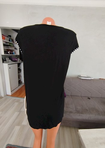 44 Beden siyah Renk Siyah V Yaka Kısa Kollu Mini Tunik
