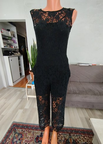 Siyah Dantel Detaylı Midi Kadın Tulum