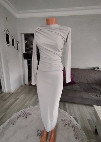 Uzun Kollu Drapeli Gri Uzun Elbise