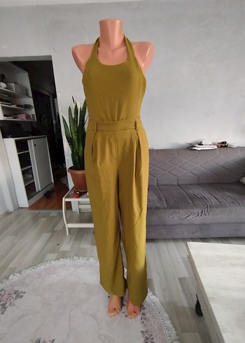 Sarı Kolsuz Midi Keten Tulum