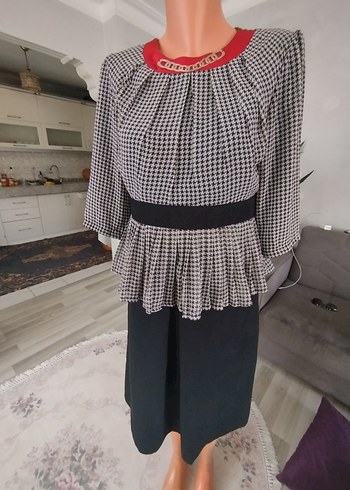 Puane Gri Ekose Desenli Pilili Ofis elbise