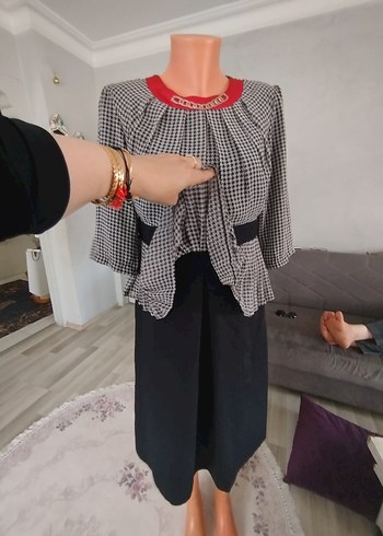 Gri Ekose Desenli Pilili Ofis  elbise - Görsel 5