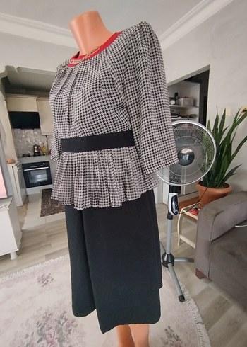 Gri Ekose Desenli Pilili Ofis  elbise - Görsel 6