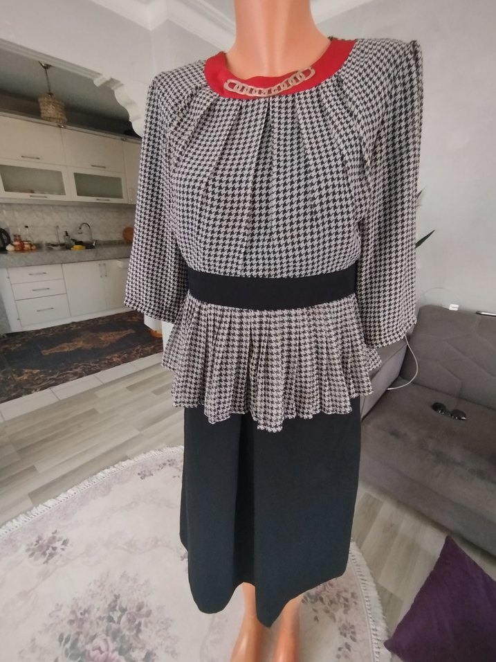 Gri Ekose Desenli Pilili Ofis  elbise - Görsel 2