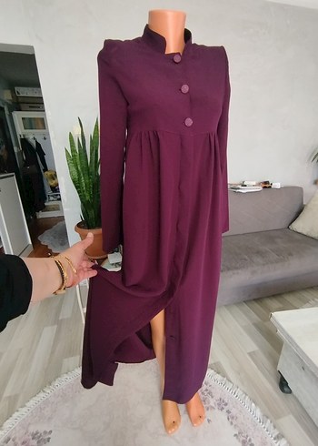 s Beden bordo Renk Bordo Düğmeli Uzun Kadın pardesü