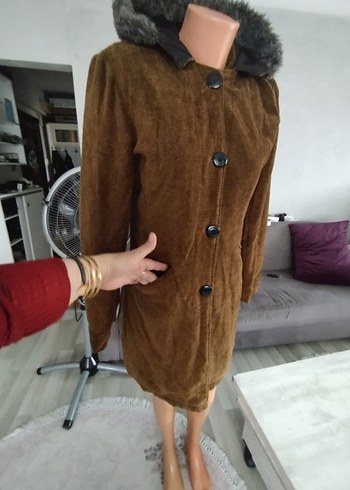 Diğer Kahverengi Süet Kürklü Midi Kadın Kaban