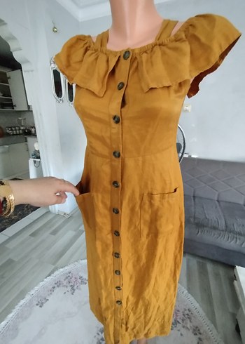 38 Beden kahverengi Renk Düğmeli Uzun Kahverengi Keten Elbise