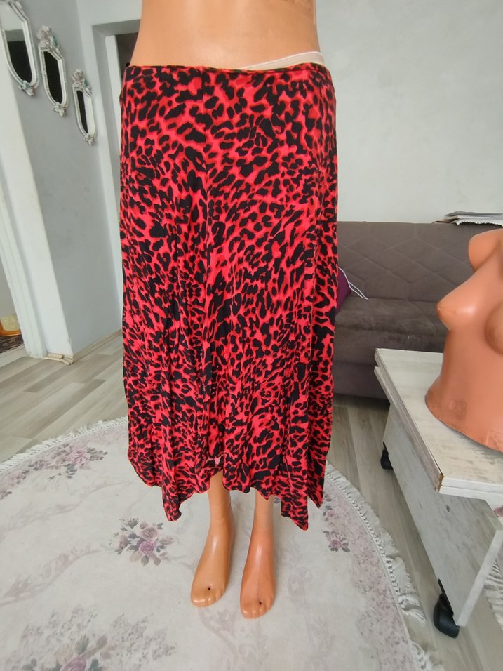 Kırmızı Leopar Desenli Salaş Uzun  Etek - Görsel 5