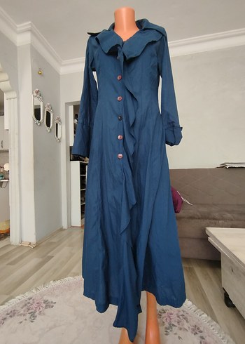 38 Beden Lacivert Uzun Keten Kadın Elbise