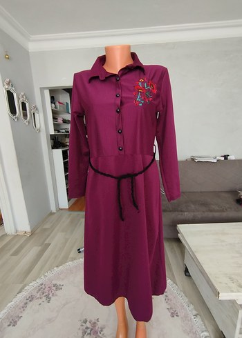 Bordo Nakışlı Uzun Gömlek Elbise