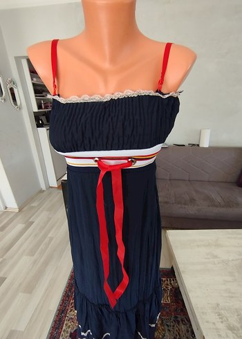 Breeze Kemer Detaylı Lacivert Uzun Bohem Elbise