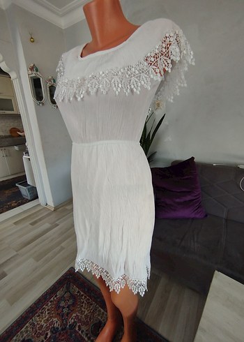 Celly Bohem Beyaz Mini Elbise Dantelli Detaylı