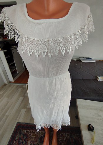 38 Beden beyaz Renk Bohem Beyaz Mini Elbise Dantelli Detaylı