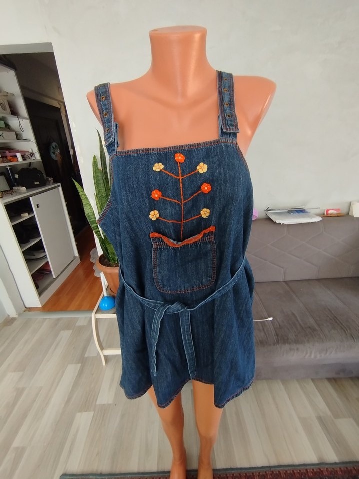 Nakışlı Koyu Mavi Kot Mini Salopet - Görsel 2