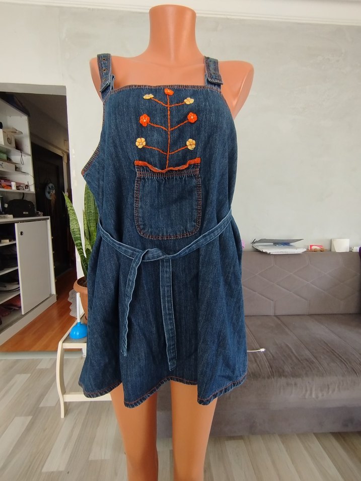 Nakışlı Koyu Mavi Kot Mini Salopet - Görsel 3