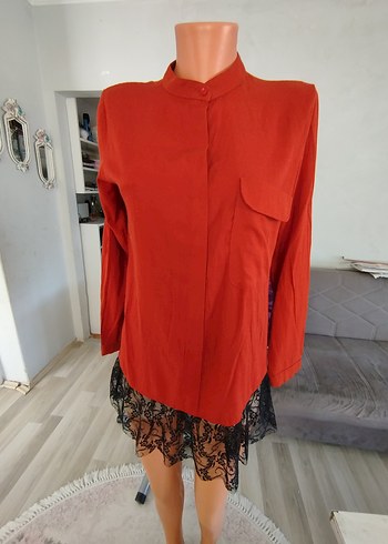 Diğer Kırmızı Düğmeli Uzun Kollu Mini Gömlek