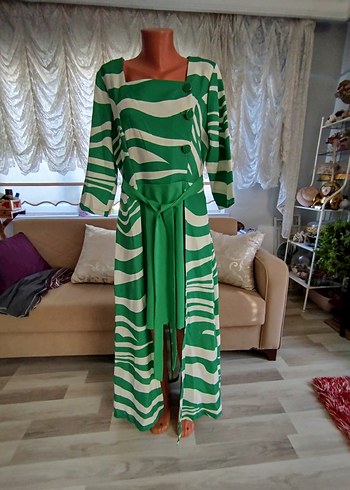 Yeşil Zebra Desenli Uzun Elbise