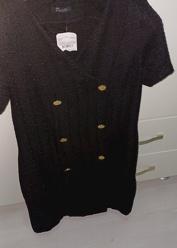 Düğmeli Siyah Kısa Kollu Triko Elbise - Görsel 2