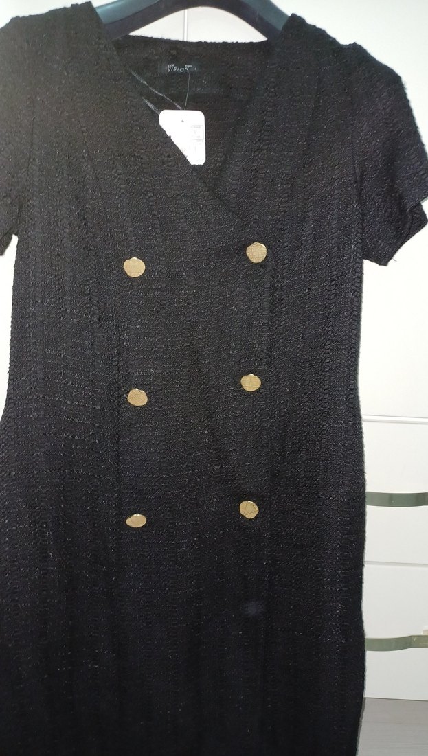 Düğmeli Siyah Kısa Kollu Triko Elbise - Görsel 4