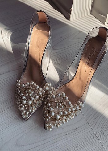 İnci Detaylı Beyaz Cam Topuklu Gelin Ayakkabısı - Görsel 2